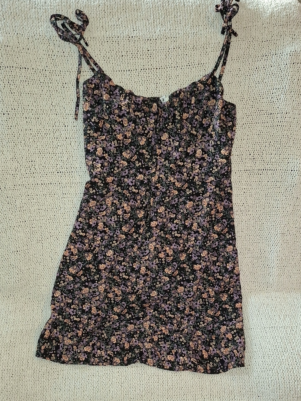 Floral Tie-Strap Mini Dress - Black with Pink & Lavender Roses